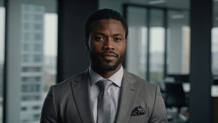 Fototapeta premium adult black hair african man in gray formal attire model portrait looking confident on an office background for ad concept space for text
