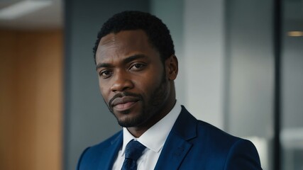 Fototapeta premium adult black hair african man in blue formal attire model portrait looking confident on an office background for ad concept space for text