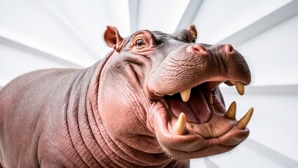 A close-up of a hippopotamus with its mouth open