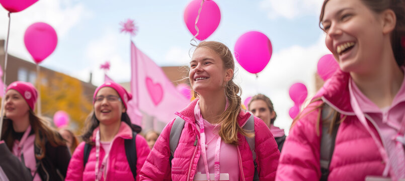 Breast Cancer Awareness Walk: Women in Pink with Banners and Balloons in High-Spirited Walk