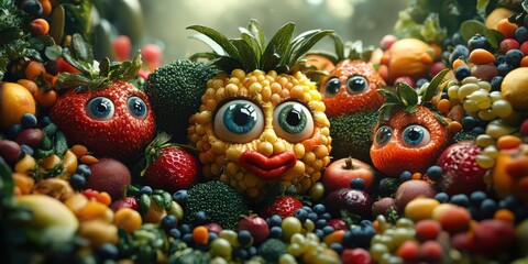 The dynamic metropolis where colorful fruits with faces add a playful and charming touch to urban adventures