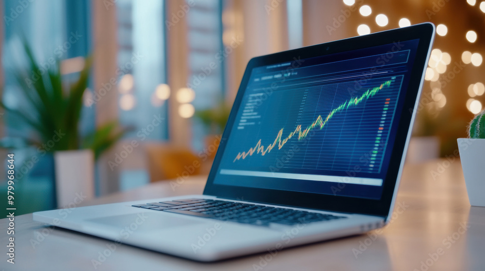 Poster a laptop computer sitting on a table with an uptrending graph, ai