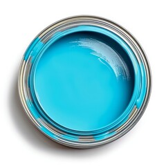 An open tin can reveals vibrant blue paint on a pristine white surface, suggesting readiness for a creative project. 