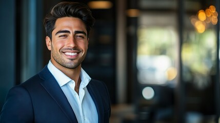 Fototapeta premium Young Professional Businessman Smiling In Office Wearing Formal Suit Leadership Role