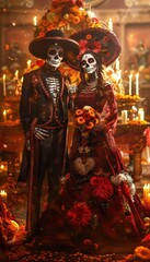 Fototapeta premium Elegant Day of the Dead Couple in Calavera Costumes by Grand Altar with Candles and Marigolds