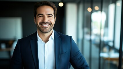 Fototapeta premium Portrait of Successful Businessman Smiling in Modern Office Setting Confident Look