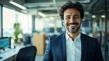 Fototapeta premium Confident Male Professional Wearing Suit Smiling Brightly in Office Setting Modern Workspace