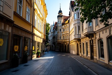 Fototapeta premium An early morning walk through the quiet streets of Old Town, with the city just waking up as the sun rises over the historic buildings