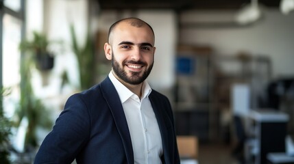Fototapeta premium Confident Male Business Leader Smiling in Modern Corporate Office Setting in Professional Attire