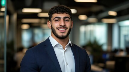 Fototapeta premium Confident Businessman in Stylish Office Attire Smiling Brightly in Modern Corporate Setting