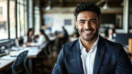 Obraz premium Smiling Male Professional in Business Suit Confidently Standing in Bright Modern Office Space