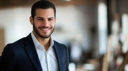 Fototapeta premium Confident Business Professional Smiling in Stylish Corporate Attire in Modern Office Setting