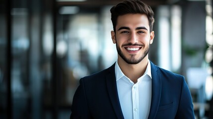 Fototapeta premium Confident Male Business Professional Smiling in Modern Office Space in Formal Corporate Attire
