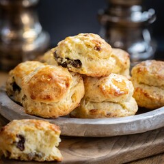 Gourmet scones with depth of field showcasing crumbly texture and rich flavors