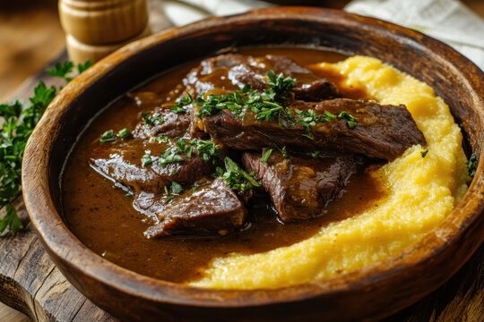 Brazilian version of beef tongue with polenta in Madeira sauce