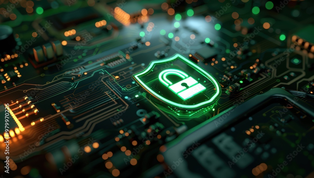 Poster cyber attack warning with a green padlock icon indicating a breach in internet security