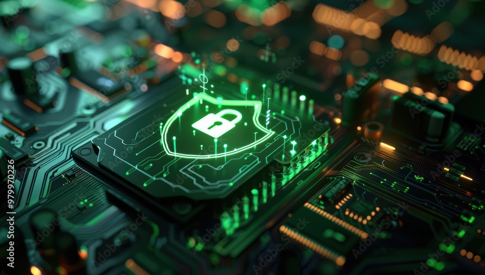 Poster cyber attack warning with a green padlock icon indicating a breach in internet security