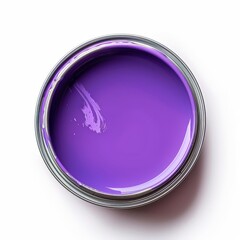 Fototapeta premium An open tin can of violet paint rests on a clean white background, revealing its vivid and glossy surface.