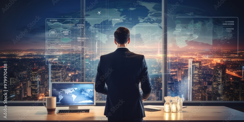 Wall mural businessman standing in a office analyzing sales data and economic growth graph financial, solution 