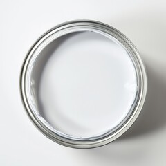 The scene features an open tin can filled with fresh white paint, positioned on a pristine white background that enhances its bright appearance.
