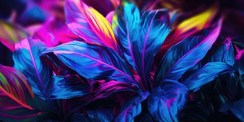 Colorful nature concept, Neon colorful of tropical leaves with neon frame, Blue tone.
