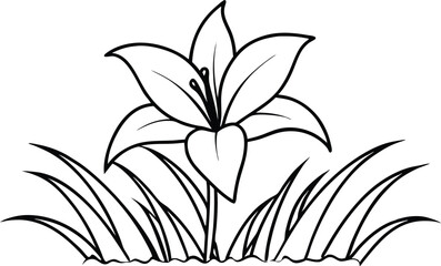 Blooming Lily and Grass Vector Art for Fun Kids Coloring Activity
