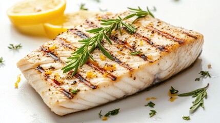 A beautifully grilled swordfish fillet, seasoned with garlic and lemon zest, decorated with herbs on a white background.