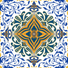 Traditional spanish floral ornament floor tiles. Portuguese motifs. Intricate mosaic pattern design