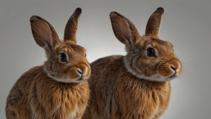 Fototapeta premium Two adorable brown rabbits sitting side by side with grey backdrop
