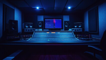 an empty music studio with a sound desk, monitor, and computer in the middle of it Generative AI
