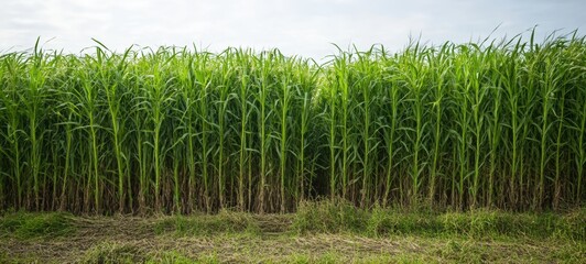Obraz premium A field of biomass energy crops, with neatly arranged rows of tall, green plants