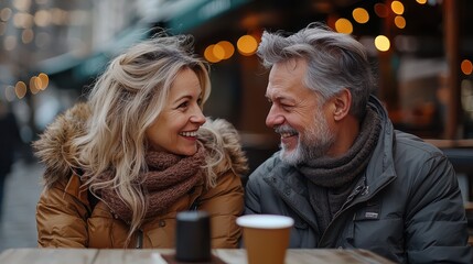 Happy middle-aged couple enjoying coffee together at an outdoor cafe with warm smiles and cozy winter attire, showcasing love and companionship