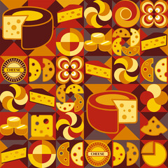 Seamless pattern with icons of Cheese, design elements, abstract shapes in flat simple geometric style. Dark background. For branding, decoration of food packaging, cover design, textile kitchen print