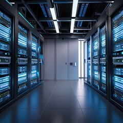 Naklejka premium room with servers,modern server room with large servers, wires and buttons. Data storage, cloud storage, mining farm.,server rack in a center