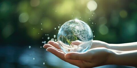 Water pouring and splash in woman hand on a nature background