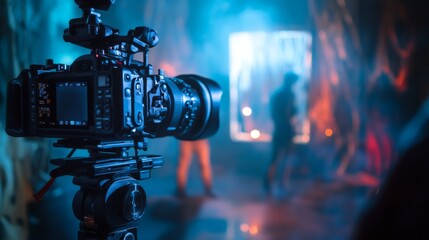 A professional camera stands ready in an artistic studio, capturing vibrant colors and creative energy