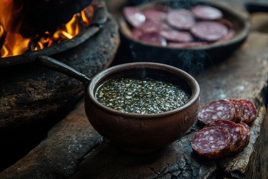 Classic Brazilian chimarr&atilde;o with yerba mate in rural setting with Arauc&aacute;ria trees and smoked salami