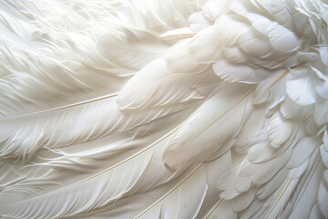 Fototapeta premium A large number of white feathers scattered across a white background, generative ai image.,