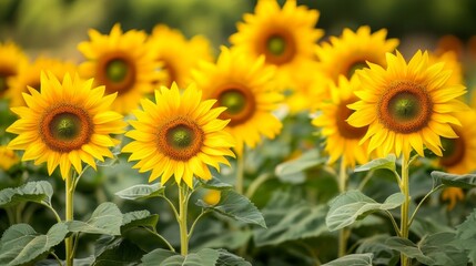 Obraz premium Vibrant Field of Blooming Sunflowers in Lush Countryside Landscape