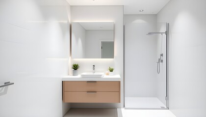 A sleek bathroom with a floating vanity, a frameless glass shower, and clean, white tiles.