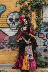 Obraz premium La Catrina in Modern Urban Setting Blending Traditional Makeup with Contemporary Streetwear Design for Poster
