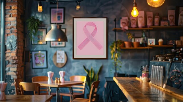 Modern Café Interior with Pink Ribbon Theme Promoting Breast Cancer Awareness Fundraiser Event - Powered by Adobe