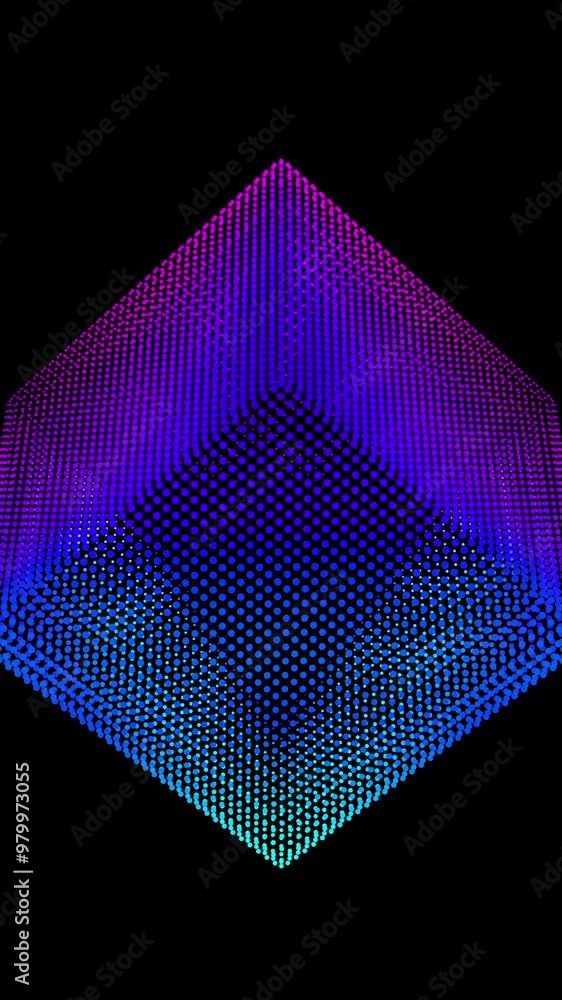 Poster looped distortion waves on abstract cube of particles. digital data splash of box point array. futur