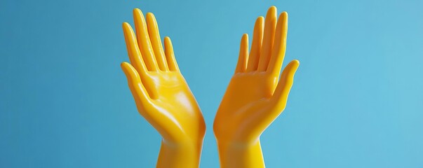 Colorful yellow hands raised against a blue background, symbolizing positivity, creativity, and artistic expression.
