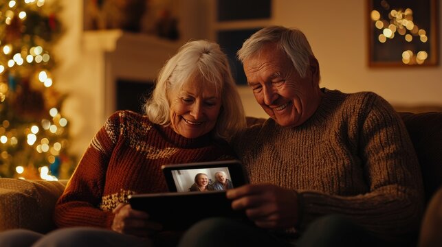 Elderly Couple Enjoying Video Call with Family in Cozy Warmly Lit Living Room - Holiday Spirit, Connections