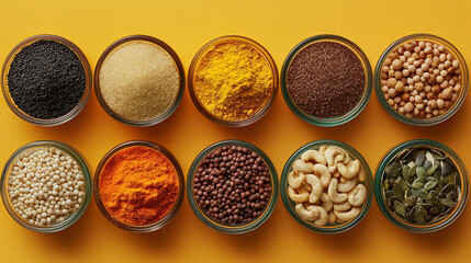 Illustration AI assortment of spices, seeds, and nuts in glass bowls. Veganism, diet, healthy.