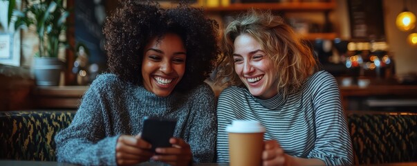 Fototapeta premium Two women sitting at a cozy cafe table laughing and enjoying each other's company while sharing fun moments on a smartphone