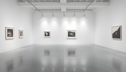 A bright, minimalist art gallery space with white walls and polished concrete floors.