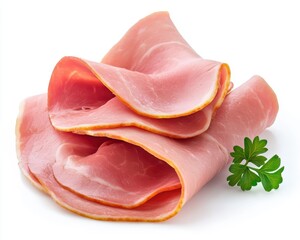 Close up photo of isolated boiled ham slices on white background