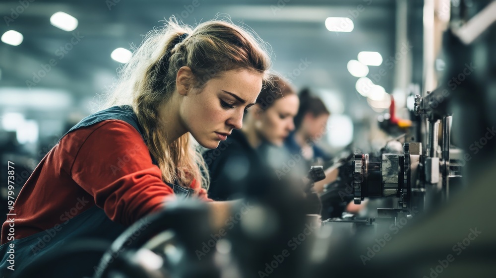 Aufkleber women at work in a factory engage in operating machinery, demonstrating skill and focus while contri